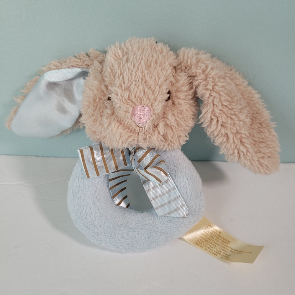 Blue Plush Bunny Grabber Rattle Baby Toy Sewn Eyes Nose Satin Ears & Bow